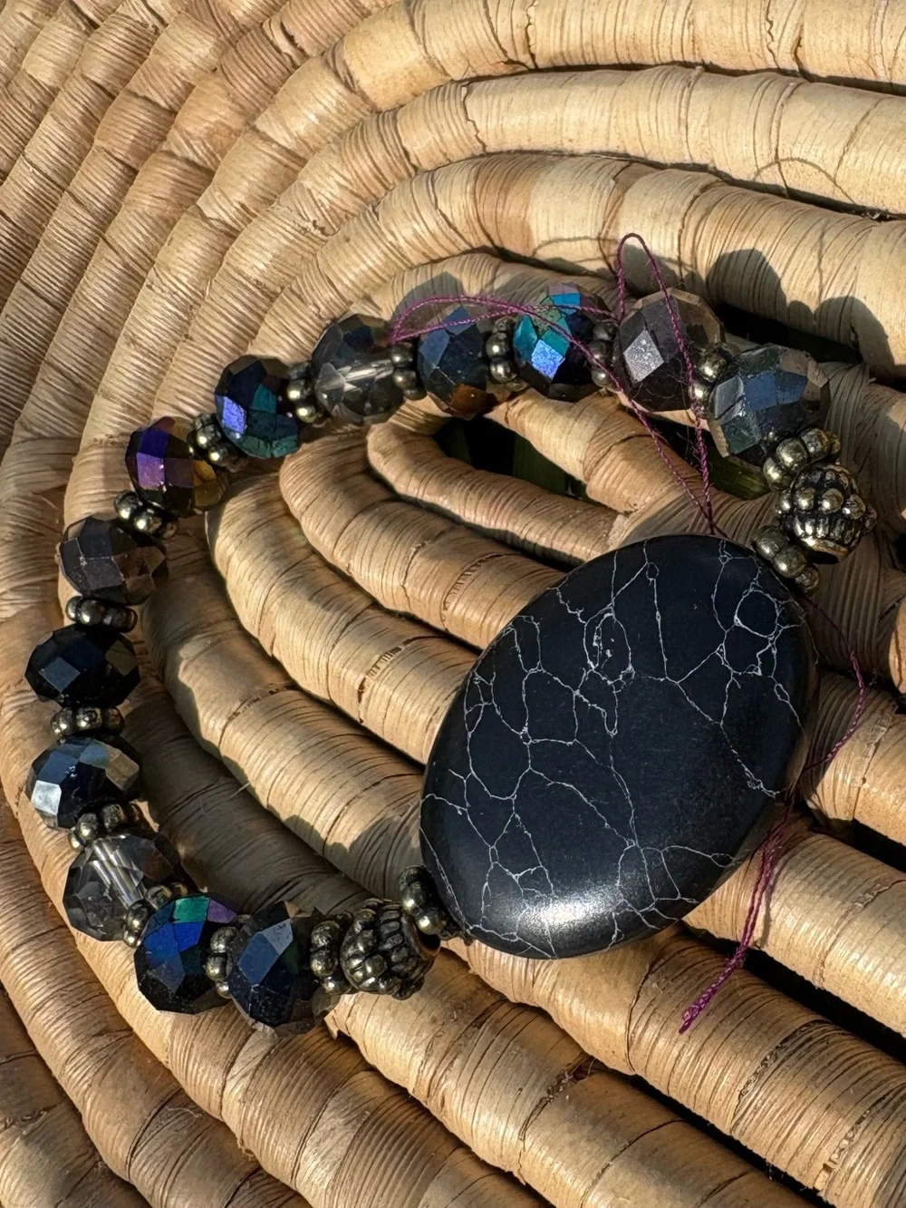 Black Stone Beaded Stretch Bracelet - Elegant Women's Jewelry